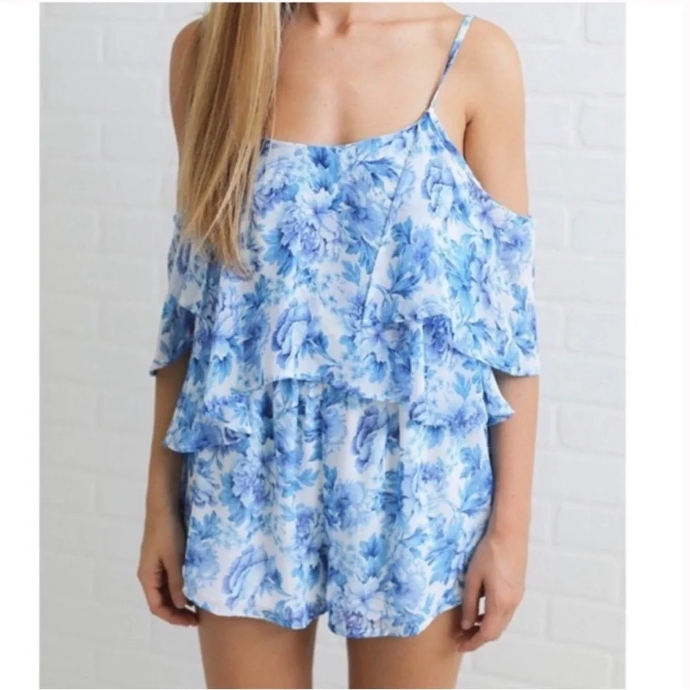 Women's Blue Floral Cold-Shoulder Romper